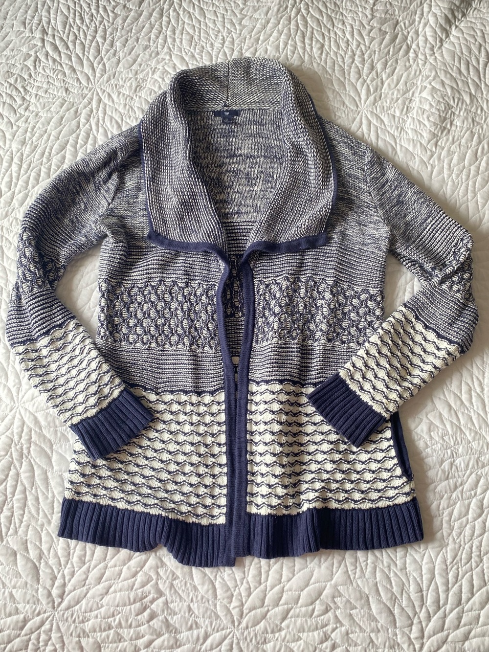 GAP Navy and Creamy White Textured Shawl Collar Cardigan
